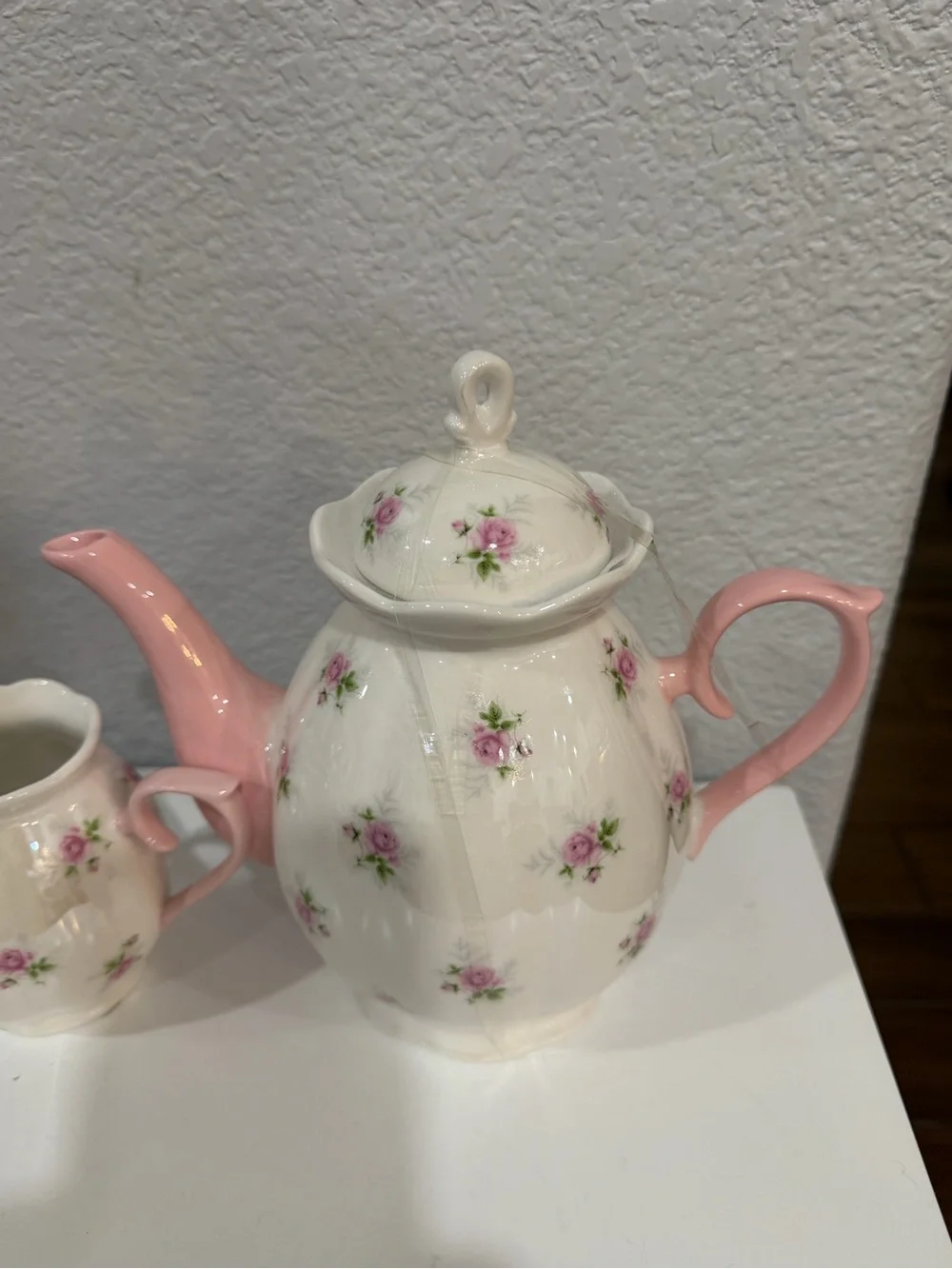Porcelain Pink Rose Tea Pot and Creamer Set